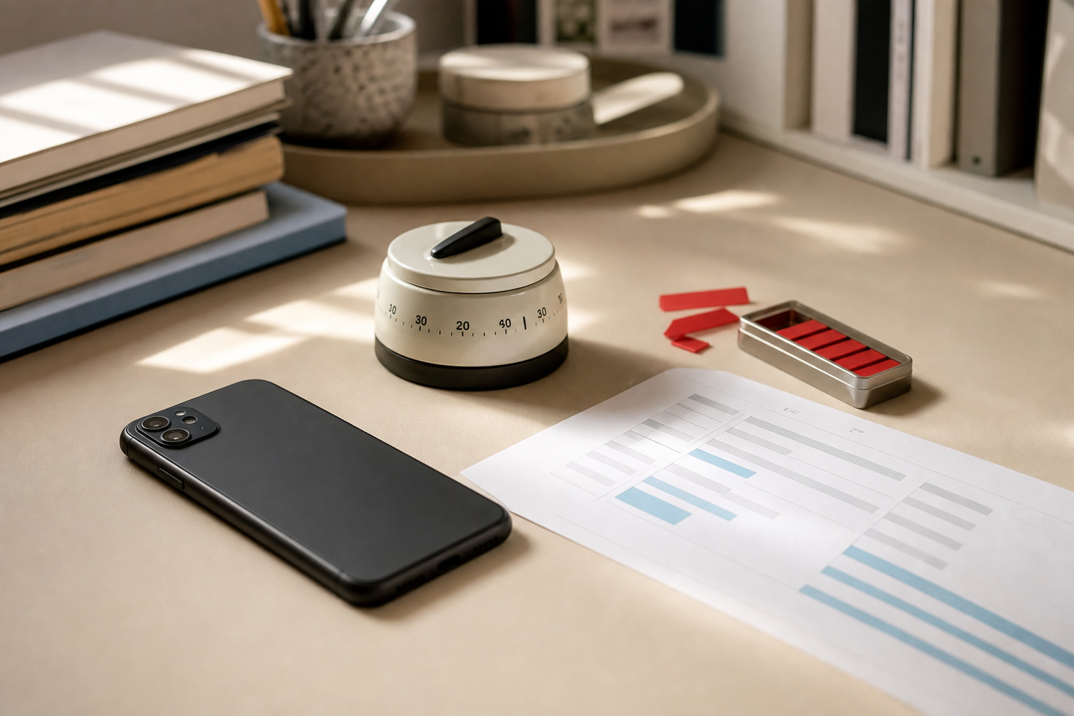 Smartphone, Küchentimer, Papierplan und rote Markierungen auf einem hellen Schreibtisch