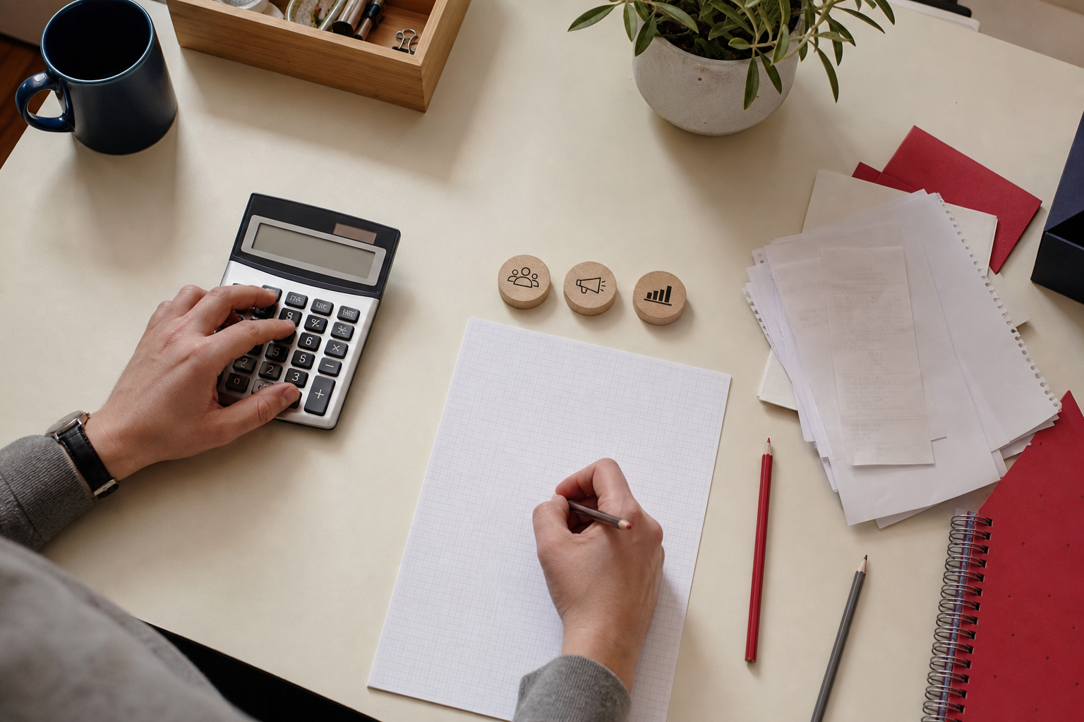 Person plant ein Marketingbudget mit Taschenrechner, Rasterpapier, Belegen und roten Stiften